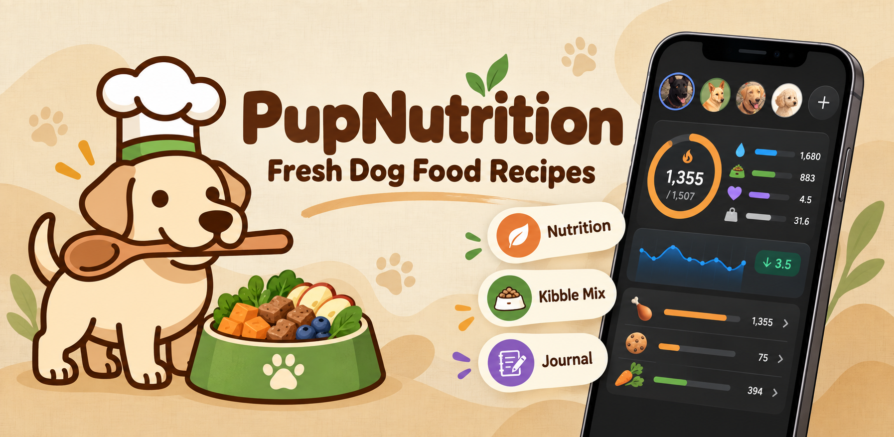 PupNutrition 鮮食營養、飼料搭配與日誌功能主視覺