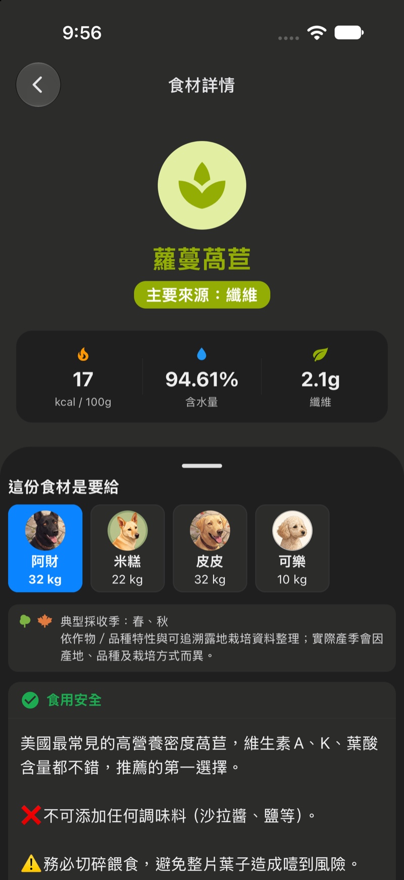 PupNutrition 食材詳情畫面截圖