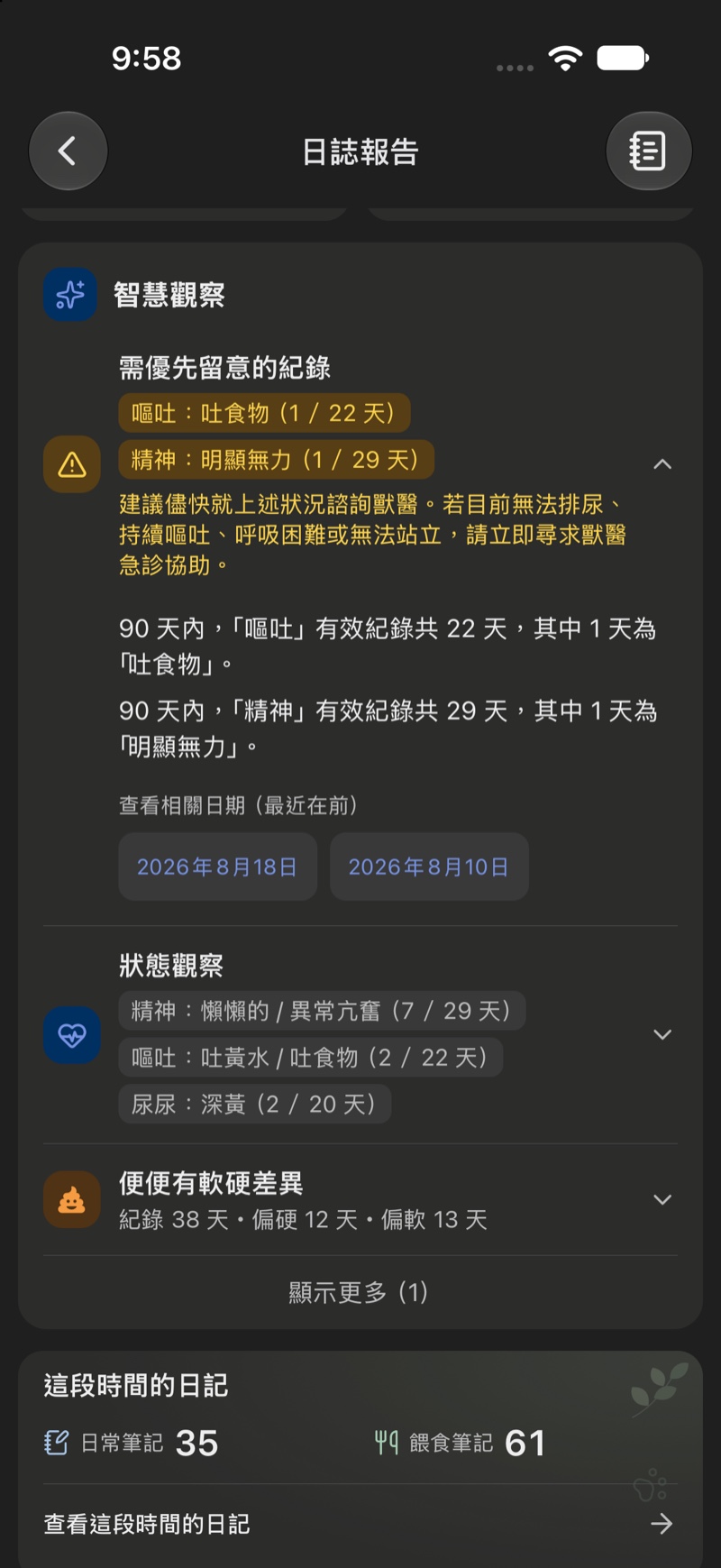 PupNutrition 日誌報告智慧觀察畫面截圖
